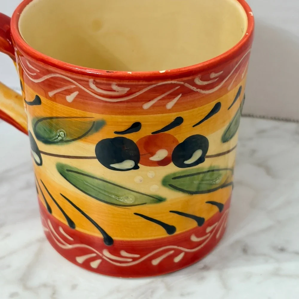 Hand Painted Mediterranean Olive Ceramic‎ Coffee Mug Red Orange Yellow Tuscan